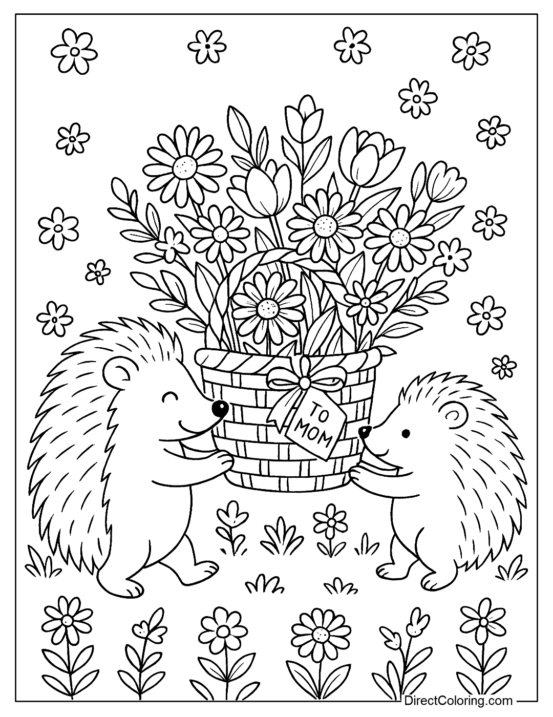 coloring page of a mother hedgehog and her baby hedgehog pushing a basket of colorful flowers.